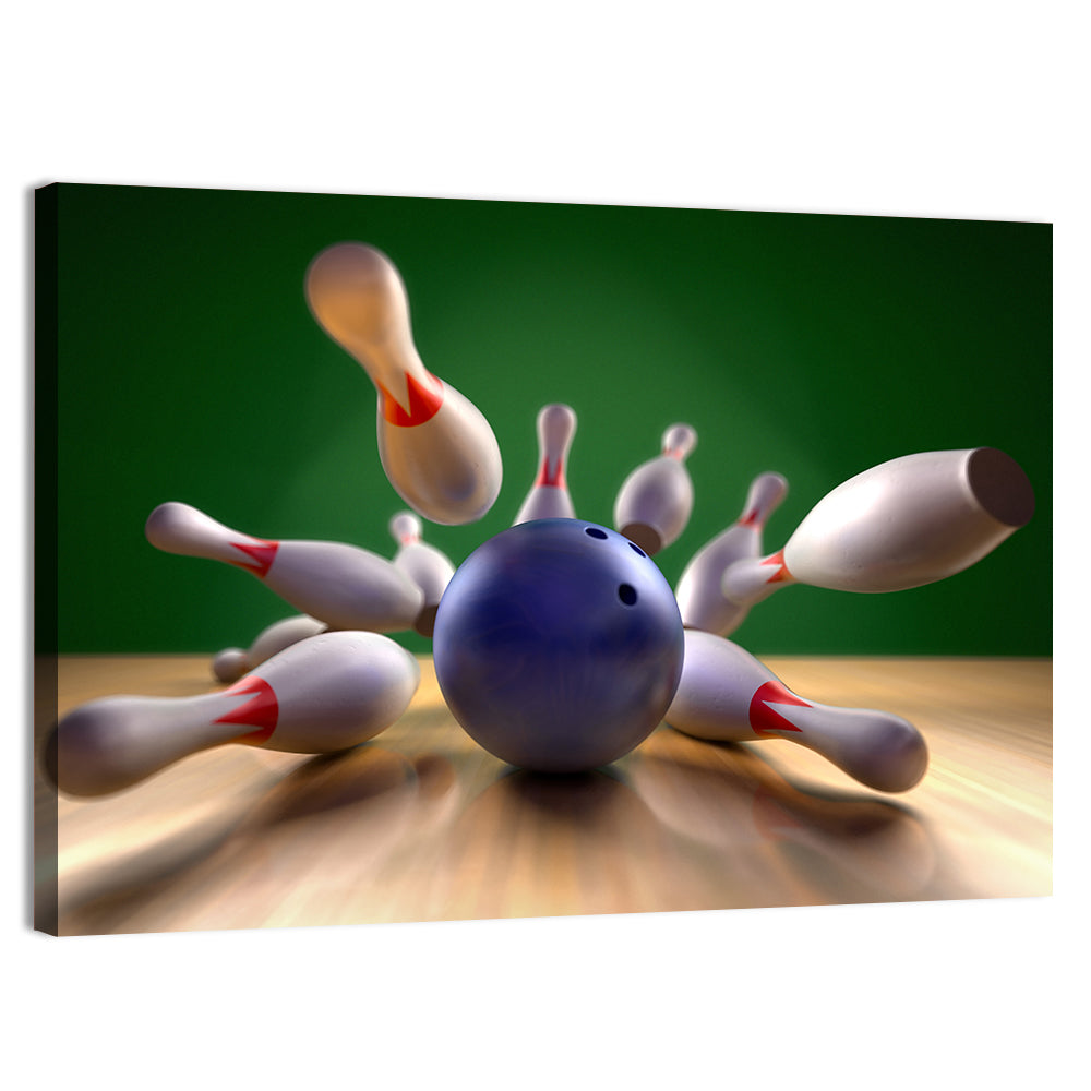 Blue Bowling Ball Hitting Pins Wall Art, canvas print, landscape