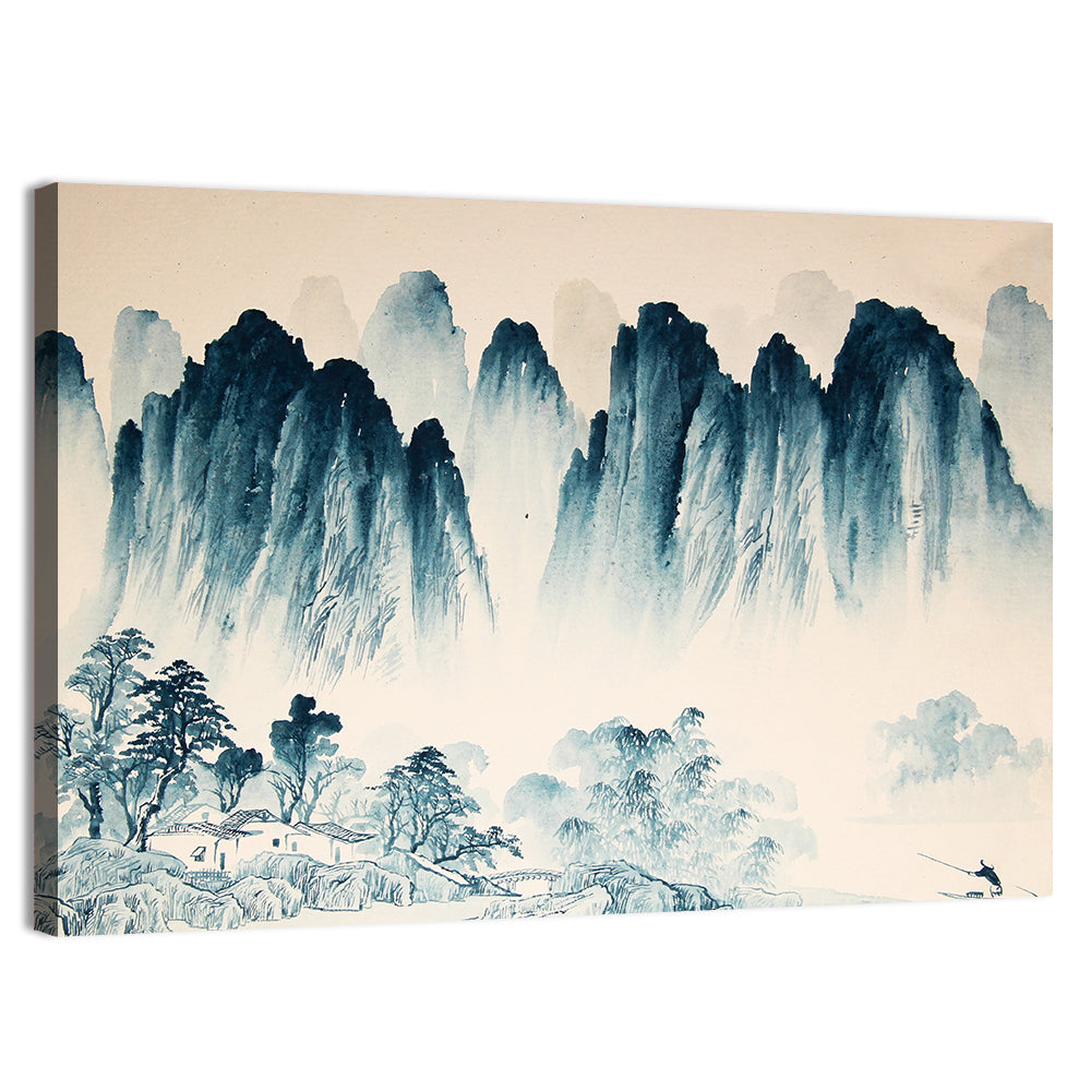 Misty Mountain with Fisherman Wall Art, canvas print, landscape