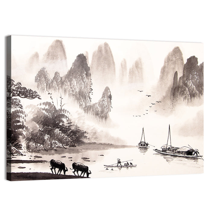 Misty Mountain Ink Wash Landscape Wall Art as a canvas print