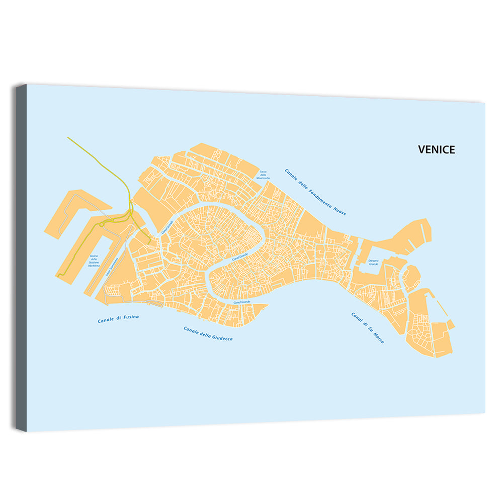 Venice Canal Map, Light Blue and Orange Wall Art