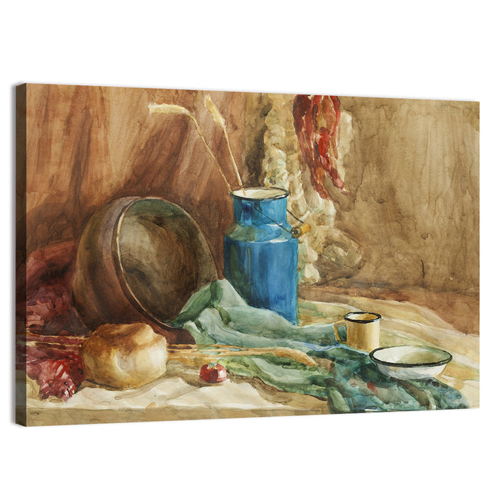 Blue Milk Can Watercolor Still Life Wall Art as a canvas print