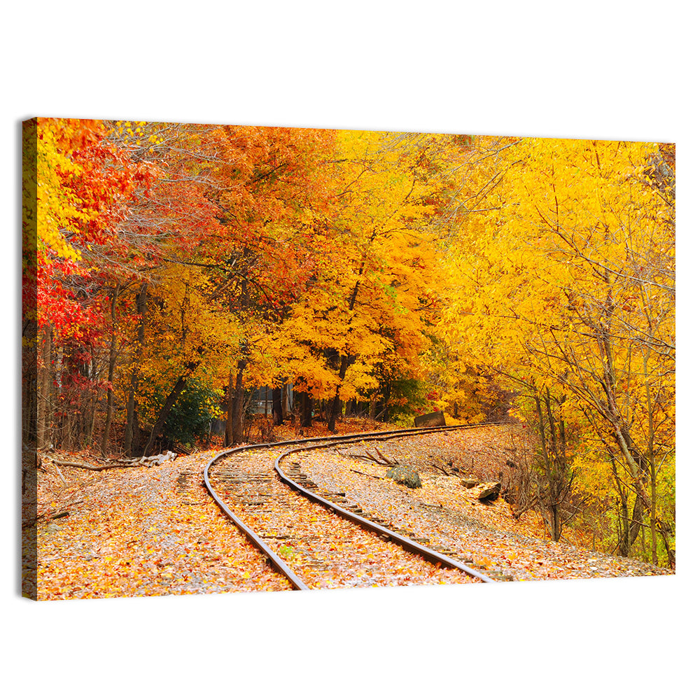 Curving Railroad Through Autumn Forest Wall Art, canvas print, landscape