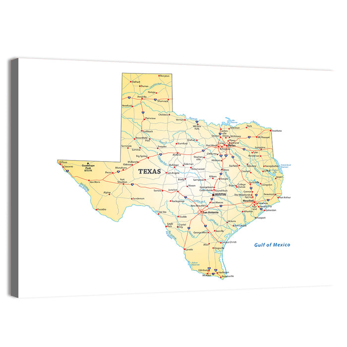 Texas Road Map Illustration Wall Art as a canvas print