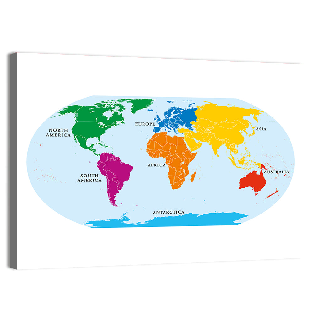Color-coded Seven Continents Map Wall Art