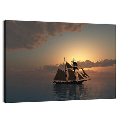 Sunset On Sea With Schooner Ship Wall Art