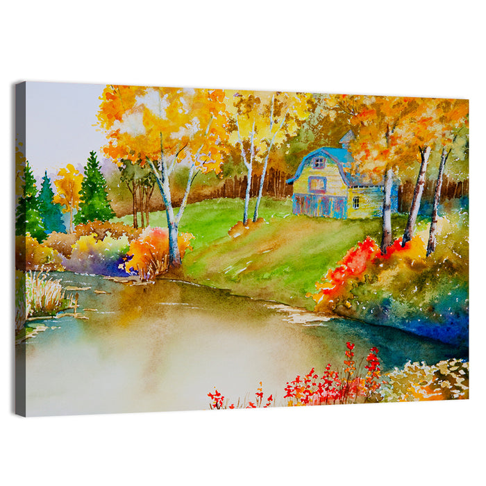 Golden Autumn Pond Landscape Wall Art as a canvas print
