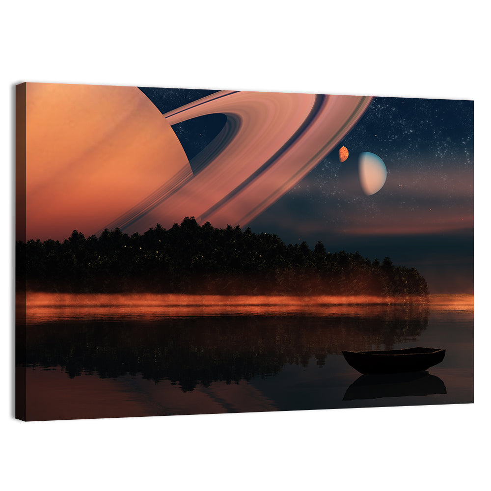 Ringed Planet Over Alien Lake Wall Art