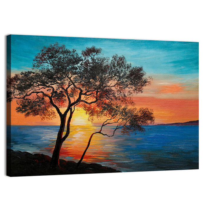 Lake Sunset with Twin Tree Silhouettes Wall Art as a canvas print
