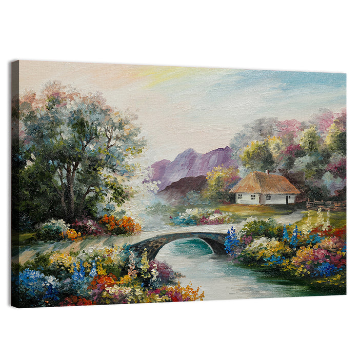 Thatched Cottage with Stone Bridge Wall Art as a canvas print