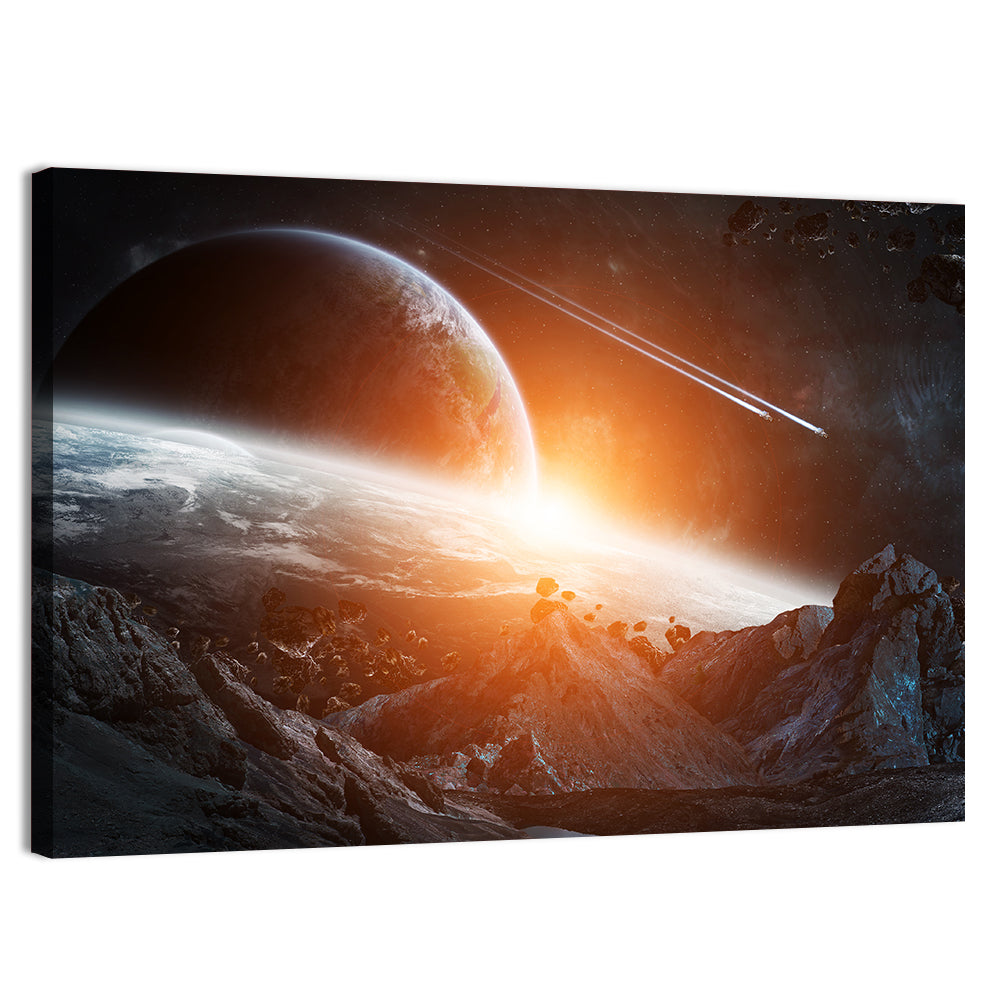 Gigantic Asteroids Over Ringed Planet Wall Art, canvas print, landscape