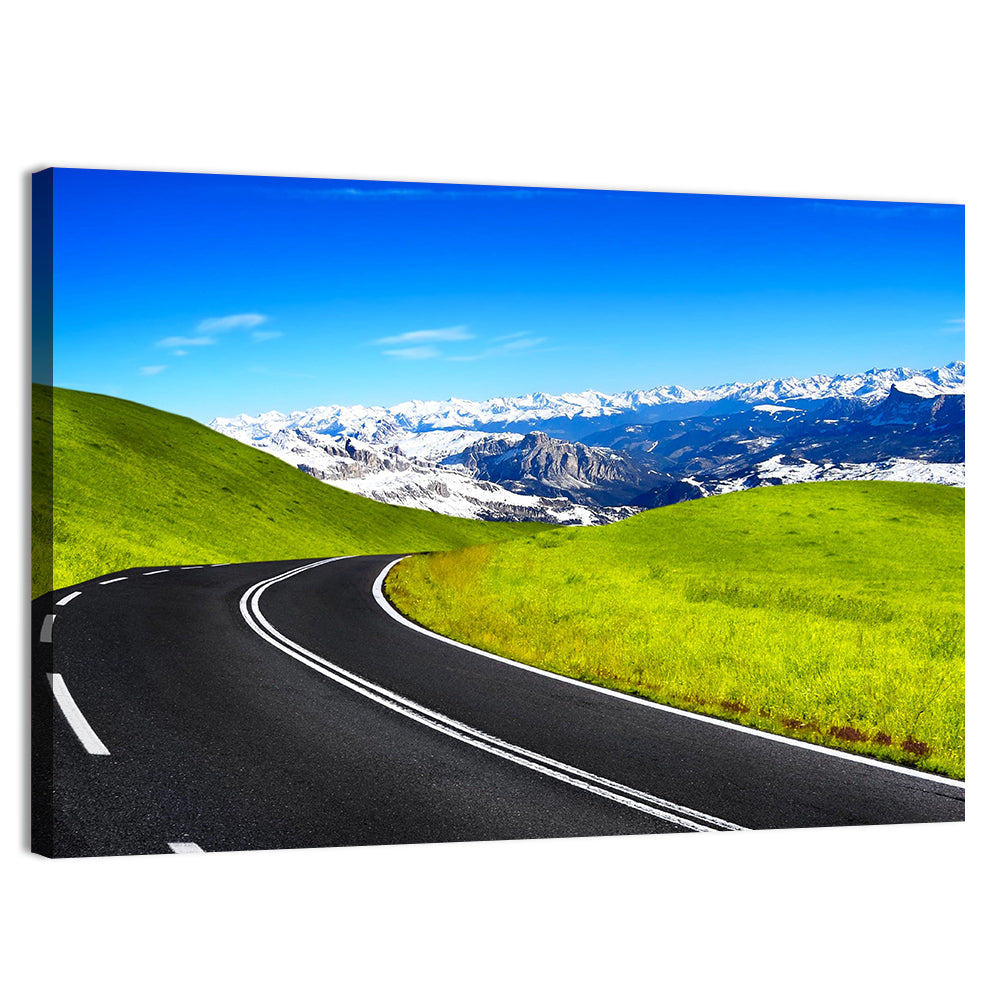 Winding Road Through Snow-capped Mountains Wall Art, canvas print, landscape