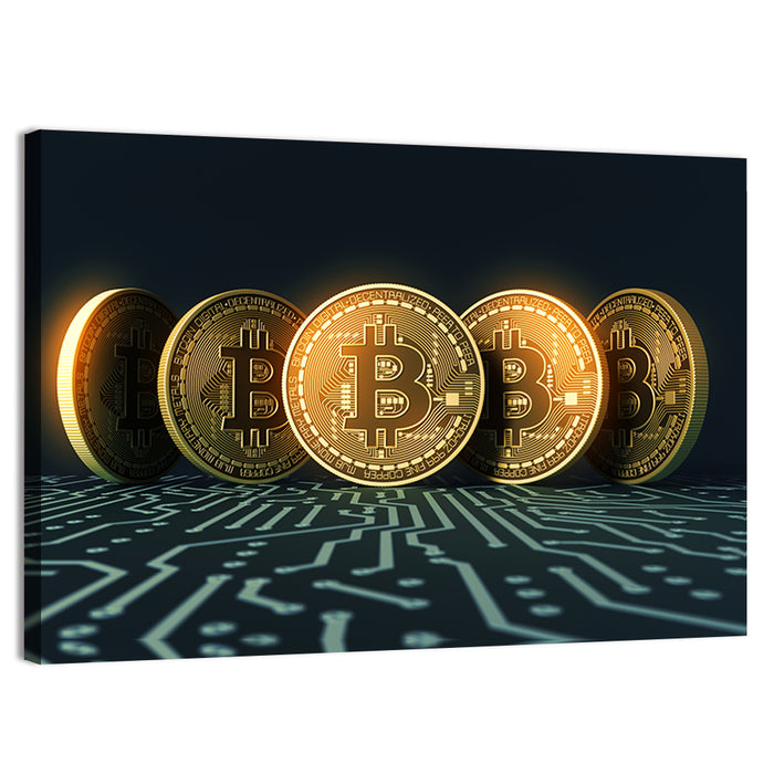 Five Golden Bitcoins on Circuit Board Wall Art as a canvas print