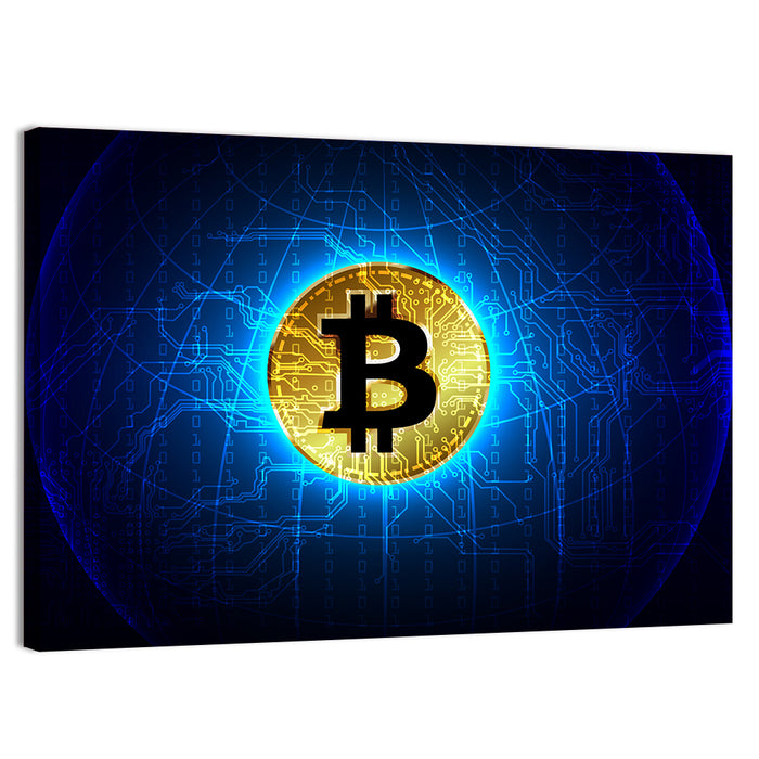 Golden Bitcoin Globe Wall Art as a canvas print