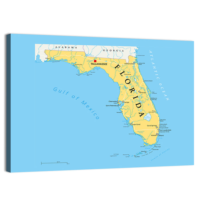 Florida Political Map, Blue and Yellow Wall Art as a canvas print