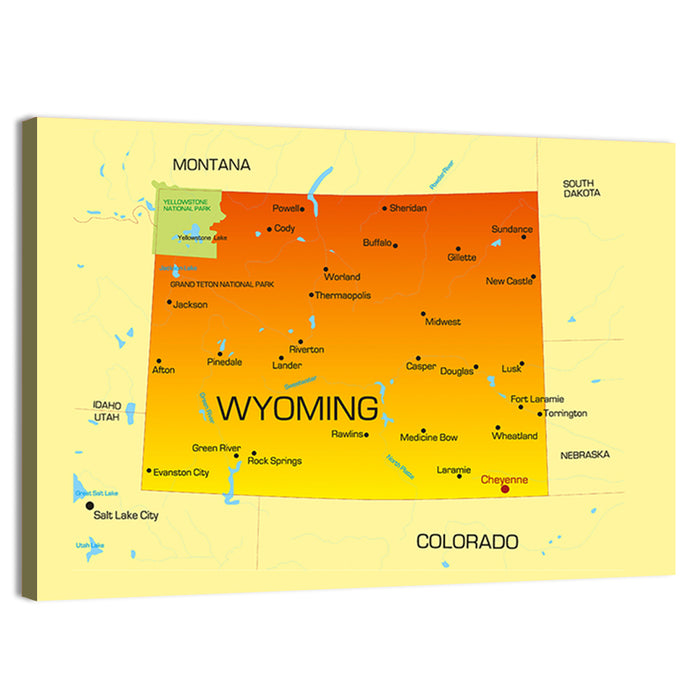 Wyoming Map in Yellow and Orange Wall Art as a canvas print