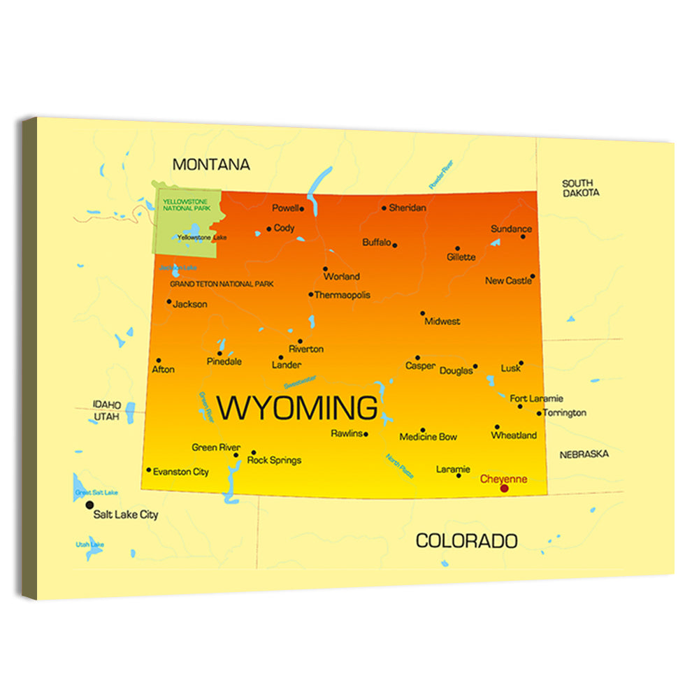 Wyoming State Map, Yellow Accent Wall Art, canvas print, landscape