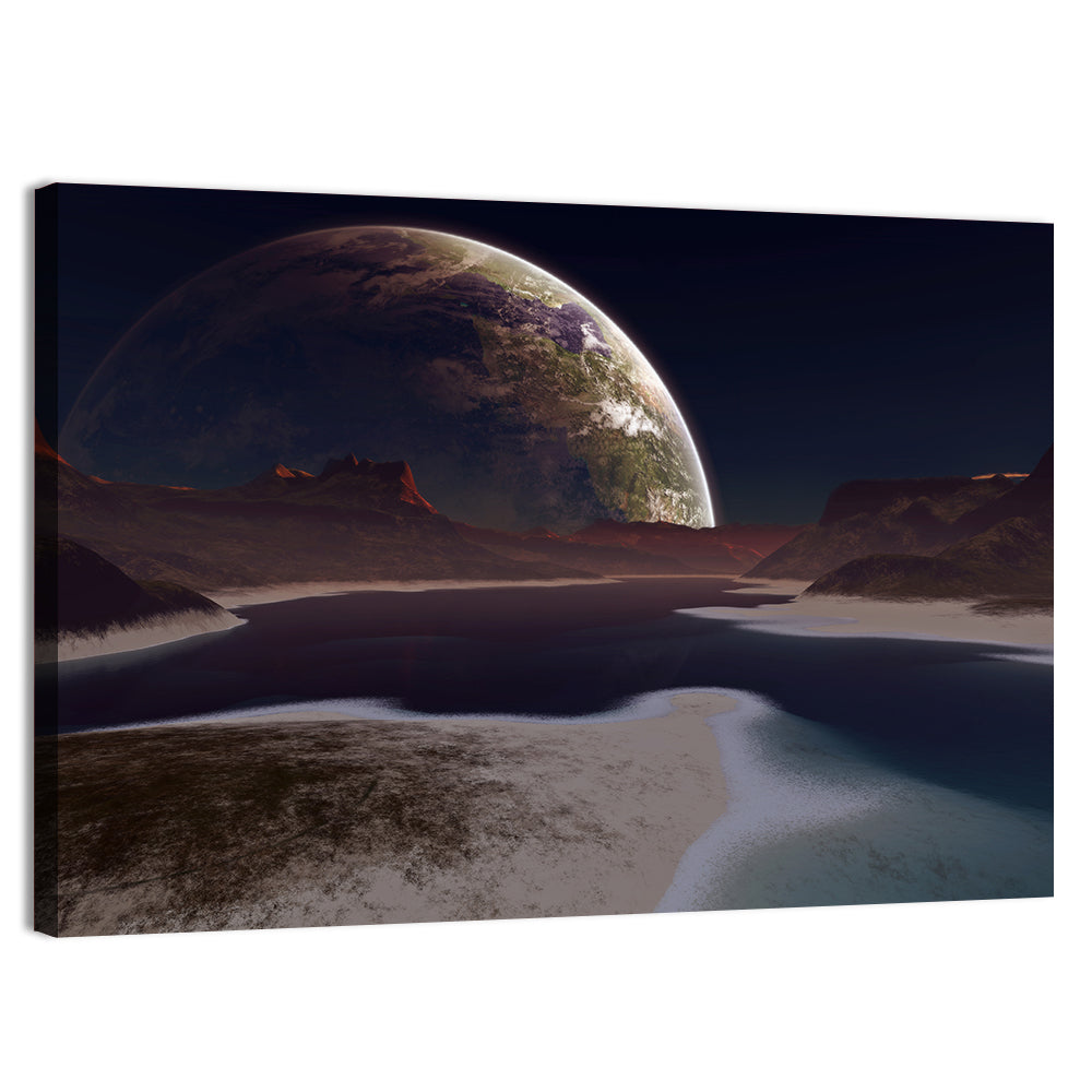 Alien Moonrise Over Lake Wall Art, canvas print, landscape