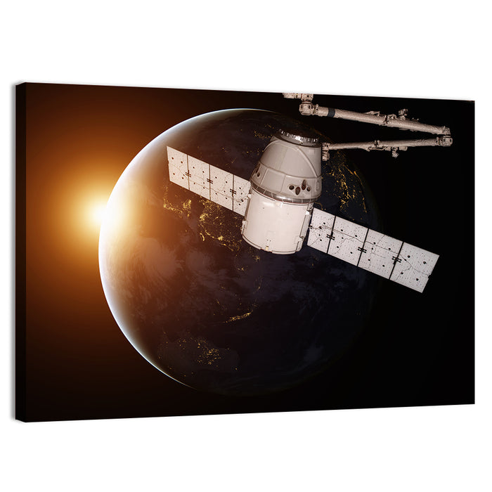 Satellite Over Earth at Sunrise Wall Art as a canvas print