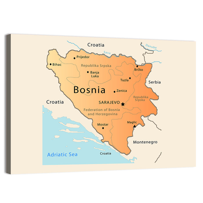 Map of Bosnia and Herzegovina Wall Art as a canvas print