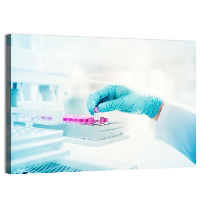Gloved Hand Placing Vial in Laboratory Wall Art as a canvas print
