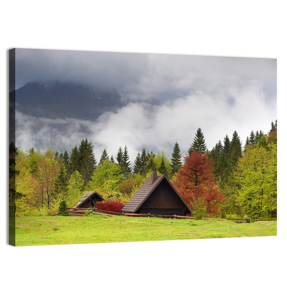 Slovenian Alps Cabin in Fog Wall Art, canvas print, landscape