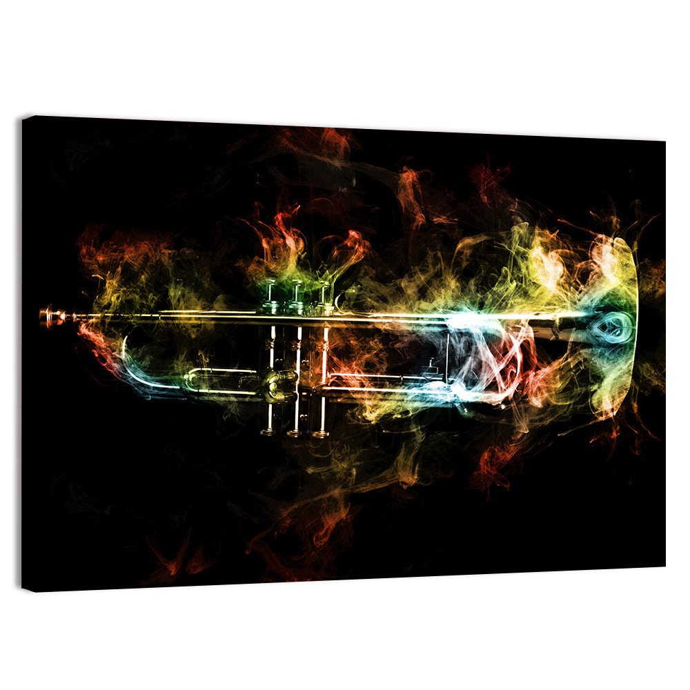 Brass Trumpet with Vibrant Smoke Wall Art, canvas print, landscape