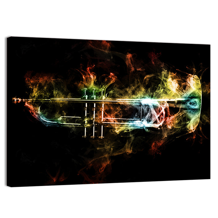 Brass Trumpet with Vibrant Smoke Wall Art as a canvas print