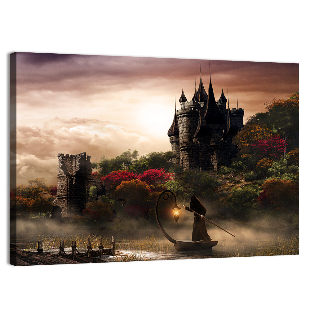 Castle Over Misty Lake at Dusk Wall Art