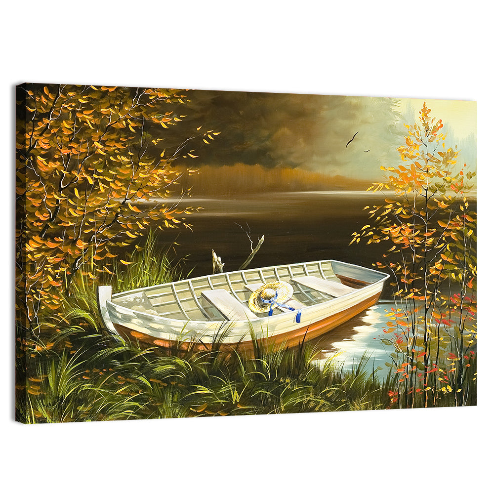 Boat with Straw Hat on Lake Bank Wall Art