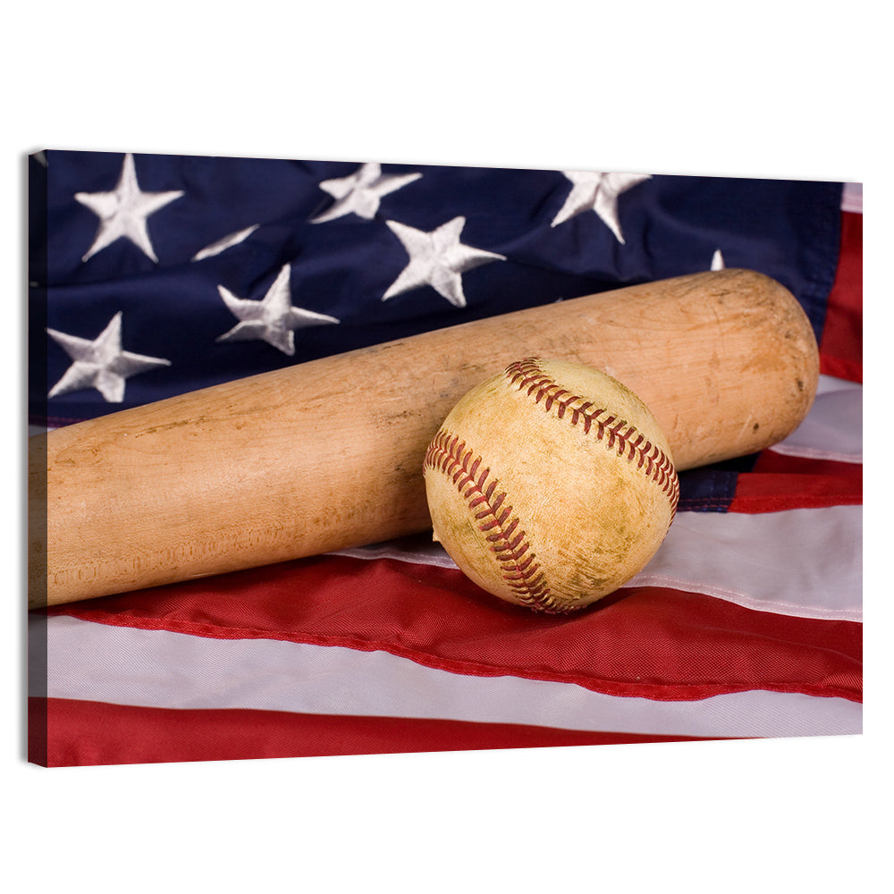 Baseball and Bat on American Flag Wall Art, canvas print, landscape