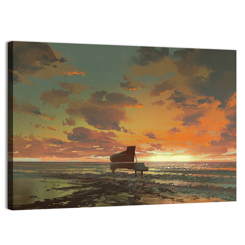 Piano on the Beach at Sunset Wall Art, canvas print, landscape