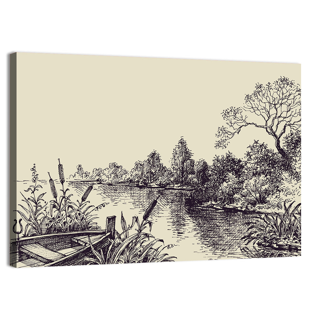 Ink Sketch Rowboat on Lake Wall Art, canvas print, landscape