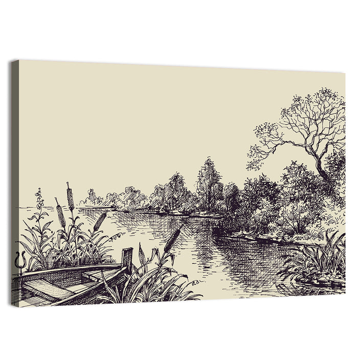 Ink Sketch Rowboat on Lake Wall Art as a canvas print