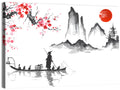 Ink Wash Fishing Boat with Red Sun Wall Art