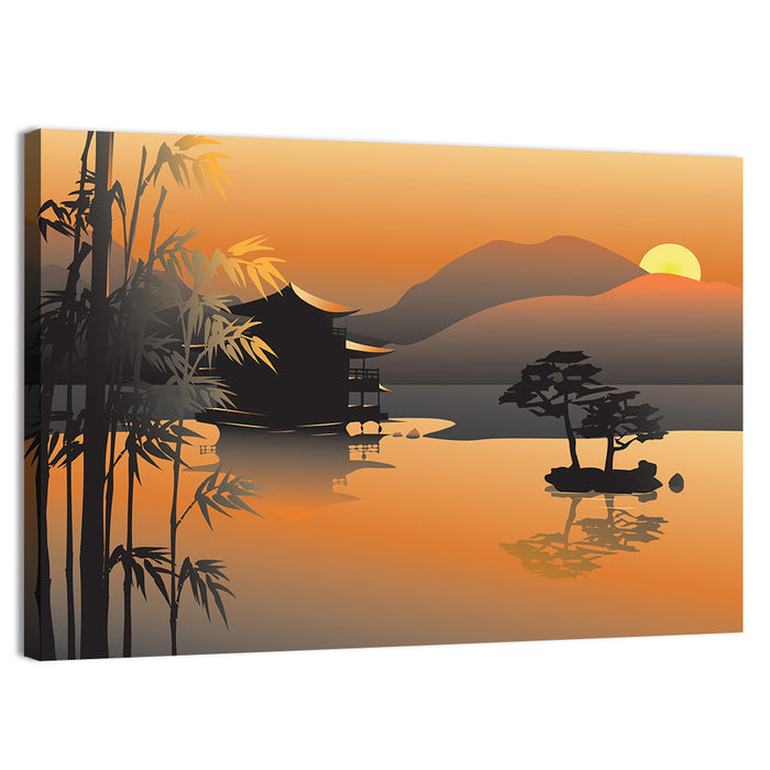 Sunset Over Asian Lake Illustration Wall Art as a canvas print