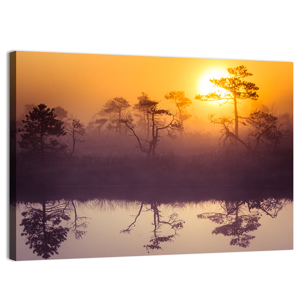 Misty Golden Lake Sunrise Wall Art