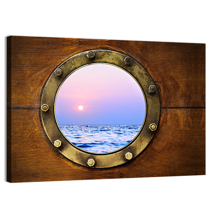 Brass Porthole with Sunset Horizon Wall Art as a canvas print