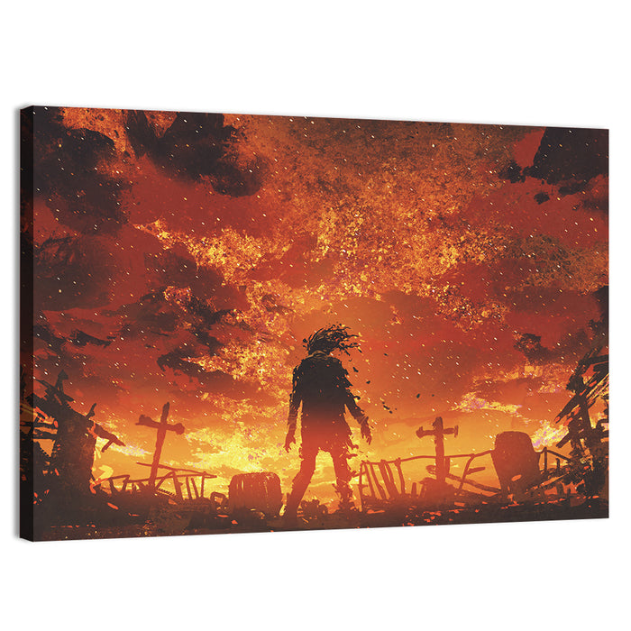 Zombie Walking Through Burnt Cemetery Wall Art as a canvas print