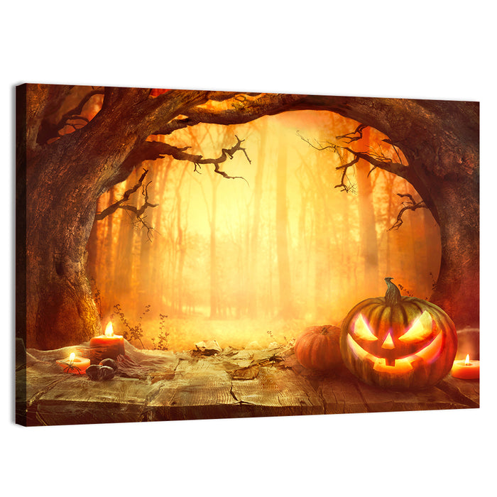 Halloween Jack O'lantern in Dark Forest Wall Art as a canvas print