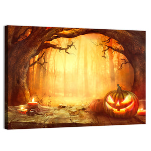 Halloween Pumpkin In Dark Forest Wall Art