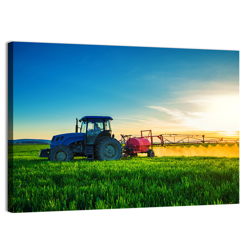 Tractor Spraying Crops at Golden Hour Wall Art, canvas print, landscape
