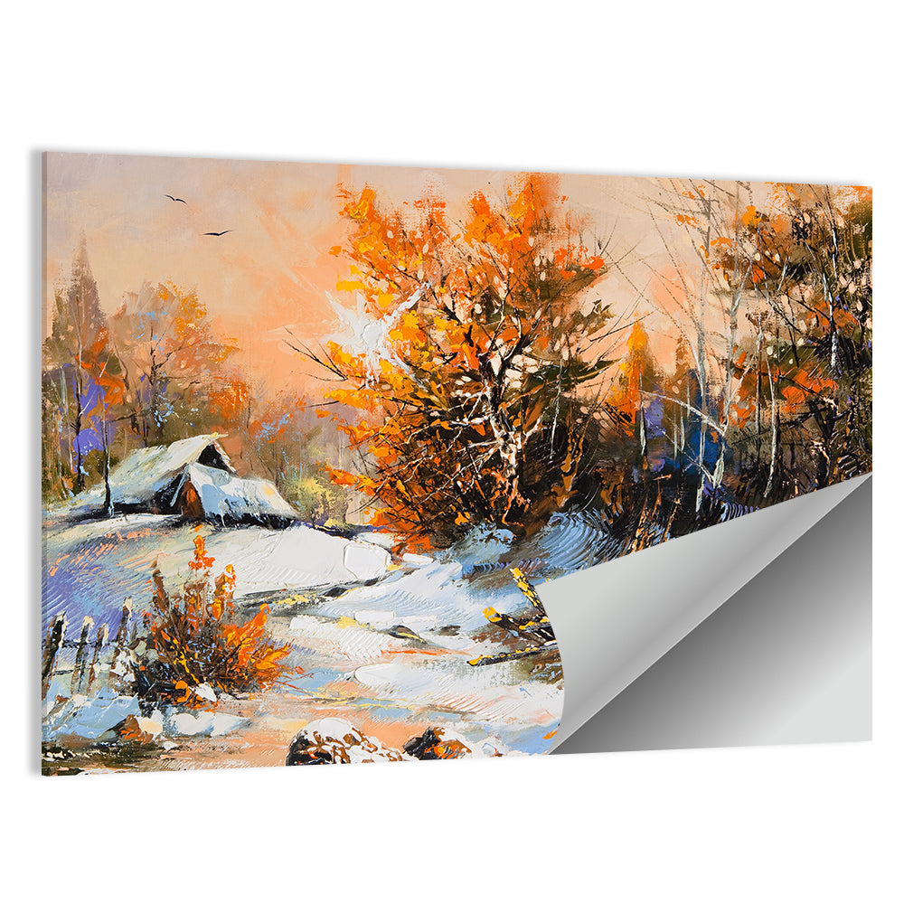 Snowy Cottage at Golden Hour Wall Art