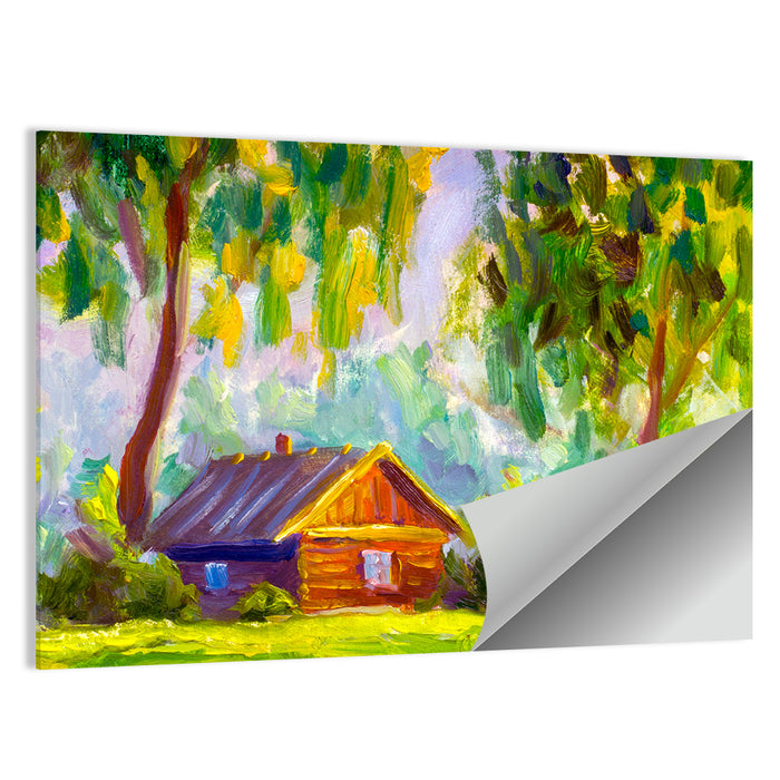 Impressionist Log Cabin in Green Forest Wall Art as a poster print