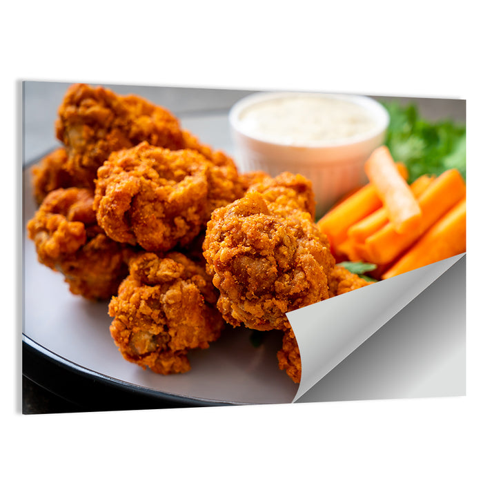 Crispy Spicy Chicken Wings with Carrot Sticks Wall Art as a poster print