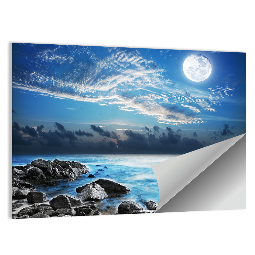 Moonlit Tropical Bay with Rocky Coast Wall Art