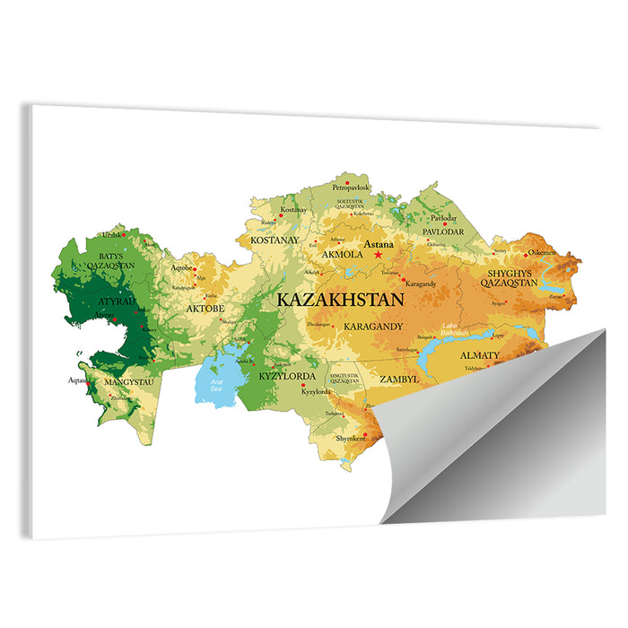 Kazakhstan Relief Map, Color-coded Terrain Wall Art as a poster print