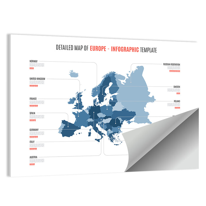 Detailed Map of Europe Infographic Wall Art as a poster print