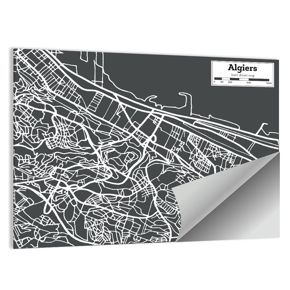 Algiers City Map, Minimal Gray Wall Art