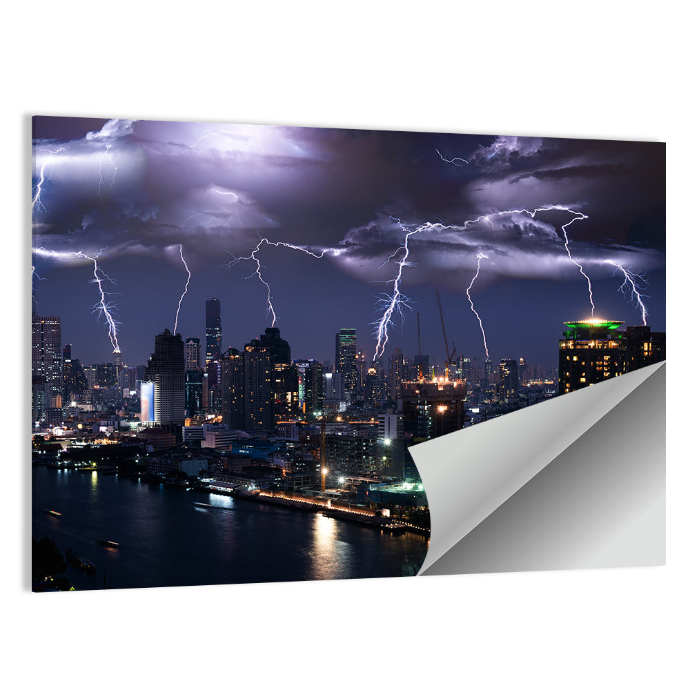 Night Lightning Over River Skyline Wall Art