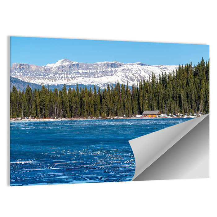 Boathouse on Frozen Lake Louise Wall Art as a poster print